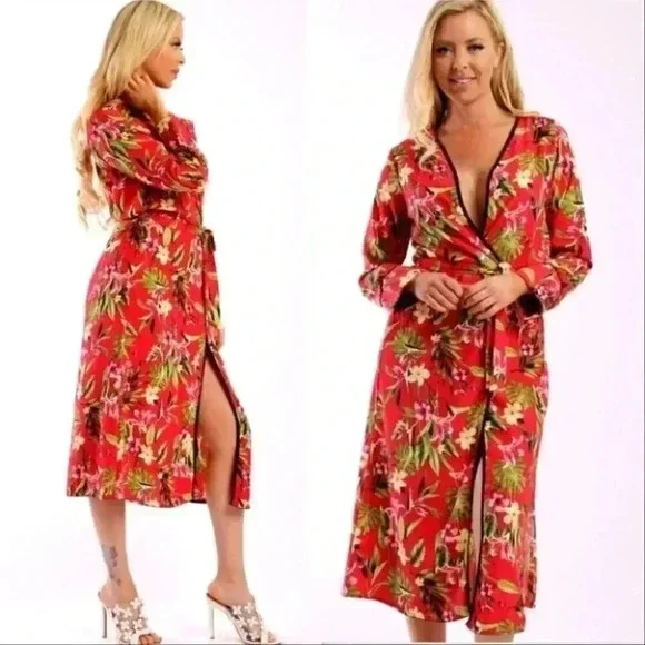 RED FLORAL DUSTER CARDIGAN - Picture 2 of 3